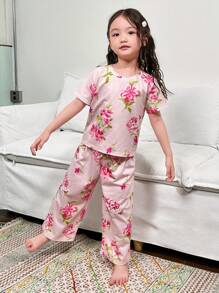 SHEIN Young Girl Casual And Comfortable Floral Pattern Short Sleeve Top & Long Pants Knit Flame Resistant Homewear Pajama Set - Baby Pink - View 5