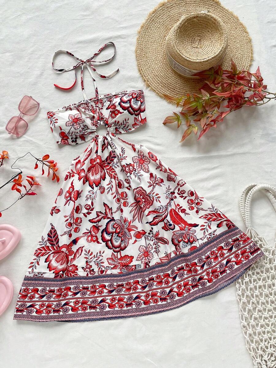 Soleia Blue & White Floral Print Drawstring Spaghetti Strap Hollow Out Waist Romantic Casual Vacation Dress For Women