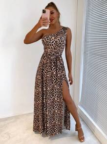 Joyfunear One Shoulder Leopard Print High Split Dress - Multicolor - View 1