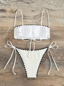 Swim Mod Women's Summer Beach Floral Trimmed Sexy Bikini Set - White - View 7