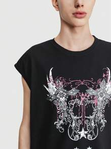 ROMWE MEN ROMWE Avant Men's Summer Casual Cross & Letter Printed Round Neck Top - Black - View 6