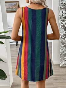 EMERY ROSE Colorful Wide-Striped Round Neck Sleeveless A-Line Suspender Dress, Spring/Summer