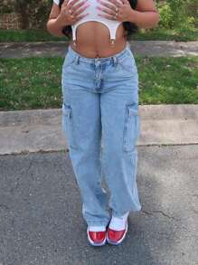 美式休闲基本款洗水多口袋工装牛仔裤 - 淺色水洗藍 - 查看 2