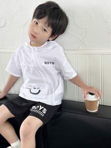 SHEIN 2 件装年轻男孩连帽拉链夹克和短裤，休闲舒适，适合街头和运动，春夏季 - 黑與白 - 查看 5