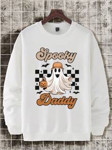 1pc Men's Halloween Fashionable Casual Checkered Funny Ghost Pumpkin Pattern Letter Slogan Printed Basic Round Neck Sweatshirt, Autumn Winter