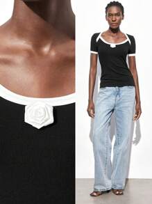 Maija Camiseta informal de manga corta de corte holgado con cuello redondo y bloques de color para mujer, primavera/verano