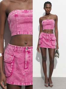 Maija Fashion Distressed Shoulder Top & Skirt Denim 2 Pieces Outfit, Sexy Style For Women, Spring/Summer - Pink - View 9