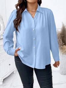 Elenzga Plus Size Spring/Summer Casual Solid Color Long Sleeve Shirt Fall Cloth For Women - Blue - View 3