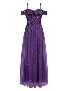 SHEIN Belle Vestido formal con hombros descubiertos, malla de contraste y lentejuelas de contraste - Morado - Ver 2