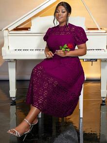 Plus Size Spring Purple Easter Solid Color Hollow Out Lace Puff Sleeve A-Line Elegant Wedding Birthday Date Dress For Women, Valentine's Day Party Dress Wedding Guest Cocktail Dress - Màu tím - Xem 5