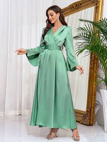 Ladies' Arab-Style V-Neck Long Sleeve Dress In Rose Red With Rhinestones And Waist Belt - Green - View 4
