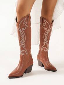 New Embroidered Pointed Toe High-Cut Western Women's Boots, Perfect With Sweater, Cowboy Boot - Brown - View 3