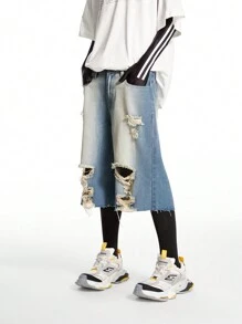 Manfinity EMRG Men's Light Blue Distressed Washed Denim Jorts, Vintage Loose Fit Shorts - Medium Wash - View 1