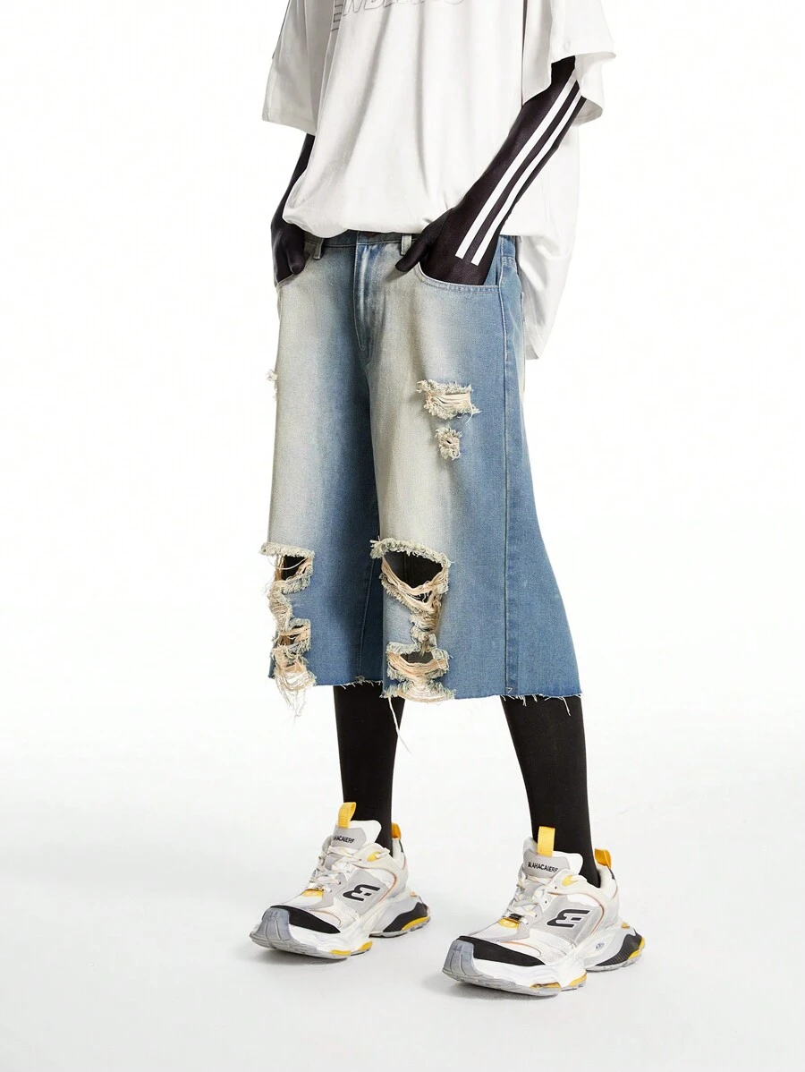 Manfinity EMRG Men's Light Blue Distressed Washed Denim Jorts, Vintage Loose Fit Shorts - Medium Wash - View 1