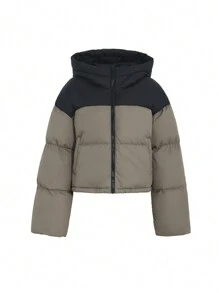DAZY Abrigo corto acolchado con capucha y bloques de color para mujer, ropa de invierno, ropa de invierno para mujer, abrigo acolchado chaqueta para mujer escuela - Verde Oliva - Ver 6