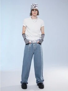 Manfinity Roghcode Men's Baggy Wide Leg Casual Jeans With Pockets, Streetwear - Light Wash - View 4