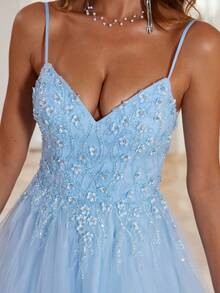 Luxury Lace Prom Dresses Long With Puffy Hem 3D Flower Rhinestone Spaghetti Strap Tulle Ball Gown Hand Beading V Neck Formal Evening Gowns Lace Up Back Homecoming Dresses For Teens - Baby Blue - View 9