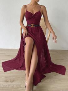 SHEIN Belle 勃艮第红色瑞士圆点扭纹前开衩长款吊带连衣裙 - 酒紅色 - 查看 4