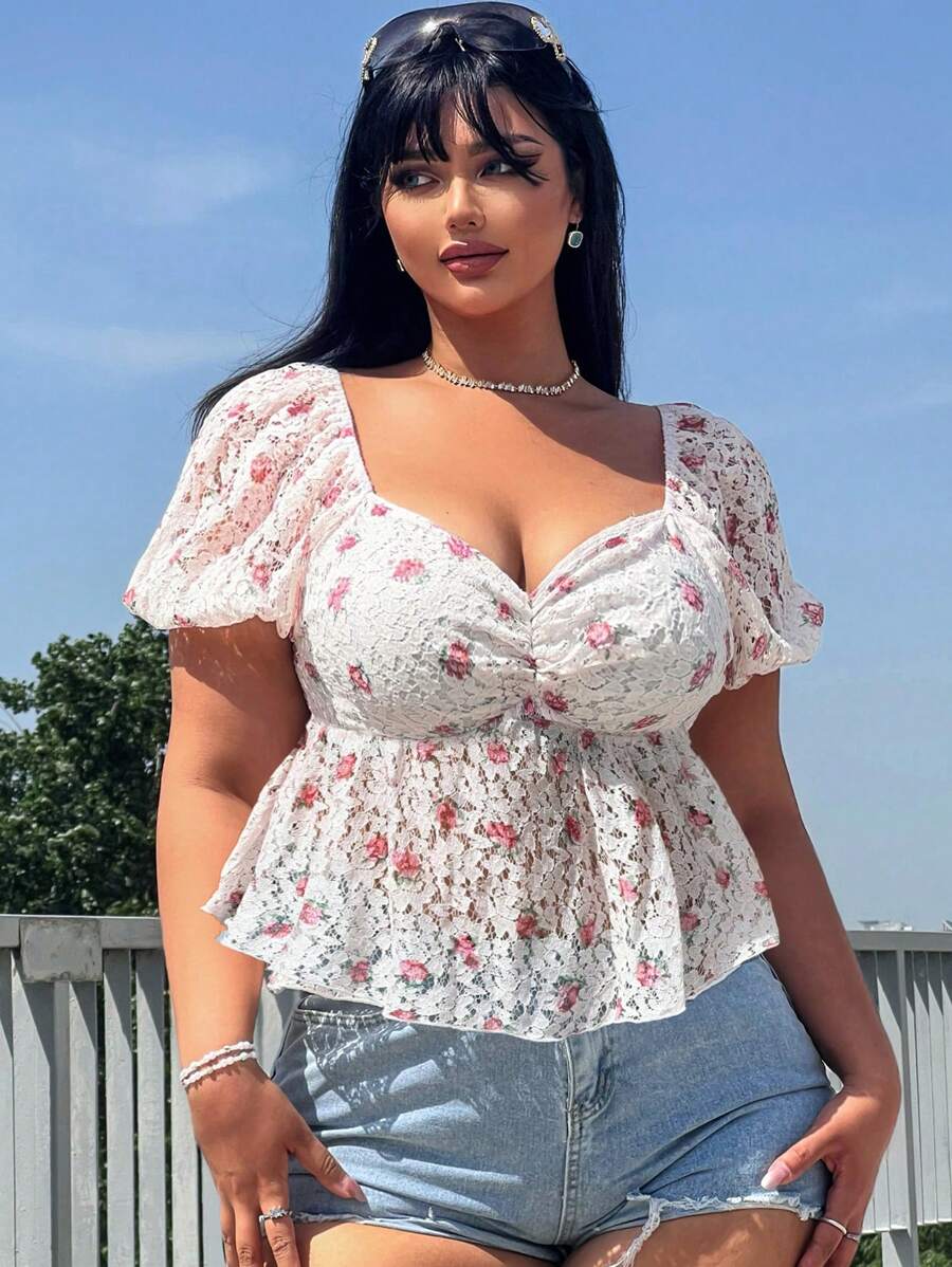 Flirla Plus Size Mùa Hè Thường Ngày Ren Người Yêu Cổ Áo Tay Phồng Áo Sơ Mi Họa Tiết Hoa - Nhiều màu - Xem 1