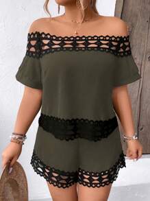 SHEIN LUNE Plus Size Women's Color Block Off Shoulder Top And Shorts, Simple Casual Two Pieces Set For Daily Wear - Green - View 4