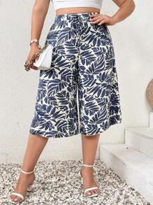 SHEIN Privé Pantalon large mi-mollet décontracté et élégant grande taille avec ceinture, fente latérale, imprimé de fleurs et de feuilles anciennes, parfait pour les vacances à la plage - Bleu et Blanc - Voir 1
