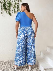 SHEIN Privé Plus Size Elegant Asymmetrical Neck Cap Sleeve Top + Long Blue & White Floral Wide Leg Pants, Summer Beach Vacation Outfit