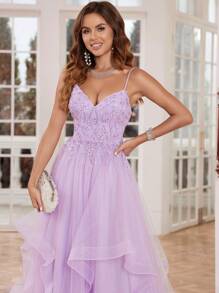 Luxury Lace Prom Dresses Long With Puffy Hem 3D Flower Rhinestone, Spaghetti Strap Tulle Ball Gown Hand Beading V Neck Formal Evening Gowns Lace Up Back Homecoming Dresses Elegant Wedding Guest Dress, For Graduation, Dinner Party Dress, For Valentine's Day - Lilac Purple - View 7