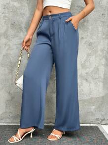 Chiquease Women's Simple Loose Wide Leg Suit Pants - Blue - View 3