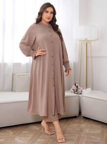 Al Najma Plus Solid Button Front Coat & Pants For Summer, Modest Longline Shirt Set 2 Pieces Set - Khaki - View 3