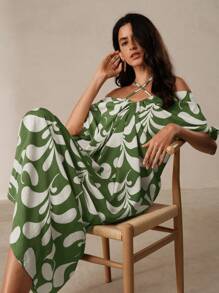 Anewsta 女士植物印花露肩交叉挂脖连衣裙 长款女装