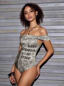 Vitoria Brayner Artist Women's Simple Printed Casual Slim Fit Bodysuit, For Summer, Holiday, Vacation, Beach, Festival, Ibiza Fits - Brown - View 3