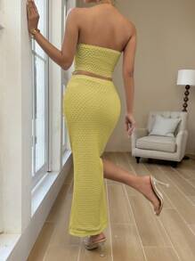 Chiquease Tie Front Tube Top & Split Thigh Skirt - Lime Green - View 2