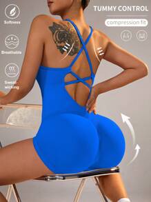 SHEIN Core Rhythm Women's Solid Color Yoga Strap Sport Romper
