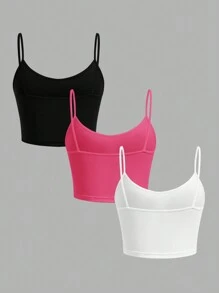 SHEIN EZwear 3入組女性短版緊身休閒背心，夏季適用 - 彩色 - 查看 2
