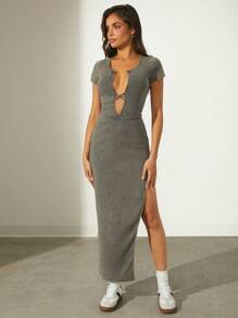 Denimoi Plunge Neck Maxi Summer Dress With Side Slit - Grey - View 4