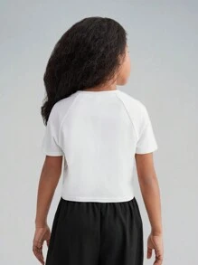 SHEIN Tween Girl Short Crop Top With Raglan Sleeve And Letter Print - White - View 2