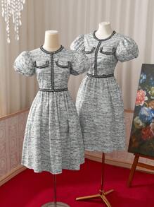 Women's Madeline Puff Sleeve Round Neck Two-Tone Summer Short Sleeve Dress