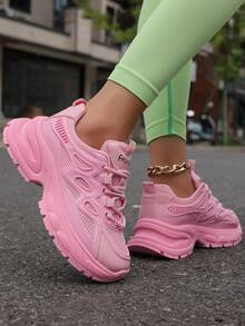 女款透氣粉色網面厚底運動鞋，INS 2024夏季新品，矮跟休閒運動鞋 - 粉色 - 查看 2