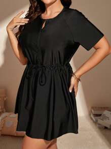 SHEIN Swim Curve Plus Size Summer Beach Drawstring Waist Tankini Set - Black - View 4