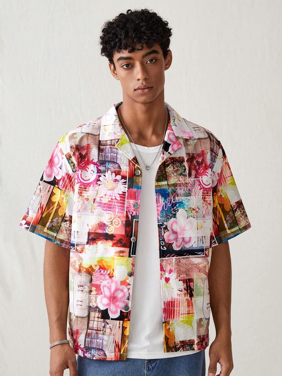 Manfinity VCAY 編織男士時尚寬鬆短袖休閒襯衫 - 彩色 - 查看 1