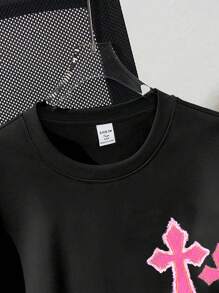SHEIN Leap Crew Quần áo mùa tựu trường, Quần áo bé gái tuổi teen, Áo đen: Áo thun oversized dệt kim cỡ lớn màu hồng đơn giản giản dị dành cho các cô gái tuổi teen, thích hợp cho mùa hè - màu đen - Xem 3