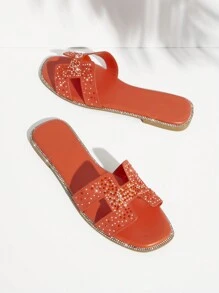 SHUZIA Summer New Style Padded Woven Slide Flat Sandals With Rhinestone Decoration, Fashionable And Anti-Slip - Orange - View 4