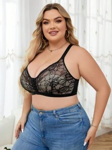 Lace Contrast Mesh Sponge Padded Bralette With Front Closure, Plus Size, 1pc Lingerie - Black - View 4