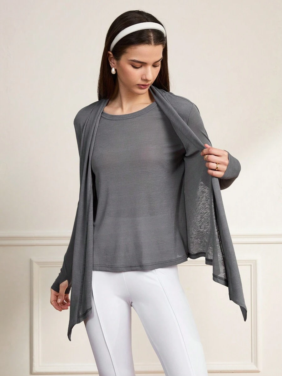 Menodora SHEIN Sport 女性春夏季純色長袖拉鍊連帽外套 - 灰色 - 查看 1