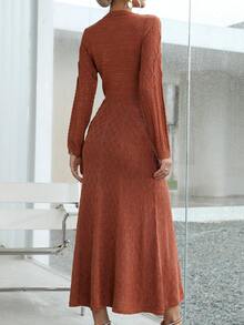 Knit Mix 秋冬長袖針織毛衣裙（圖案隨機） - 鏽棕色 - 查看 2