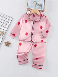 Conjunto de pijama para bebé niña con estampado de fresa, con parte superior y pantalones con tubería de contraste - Rosa - Ver 1