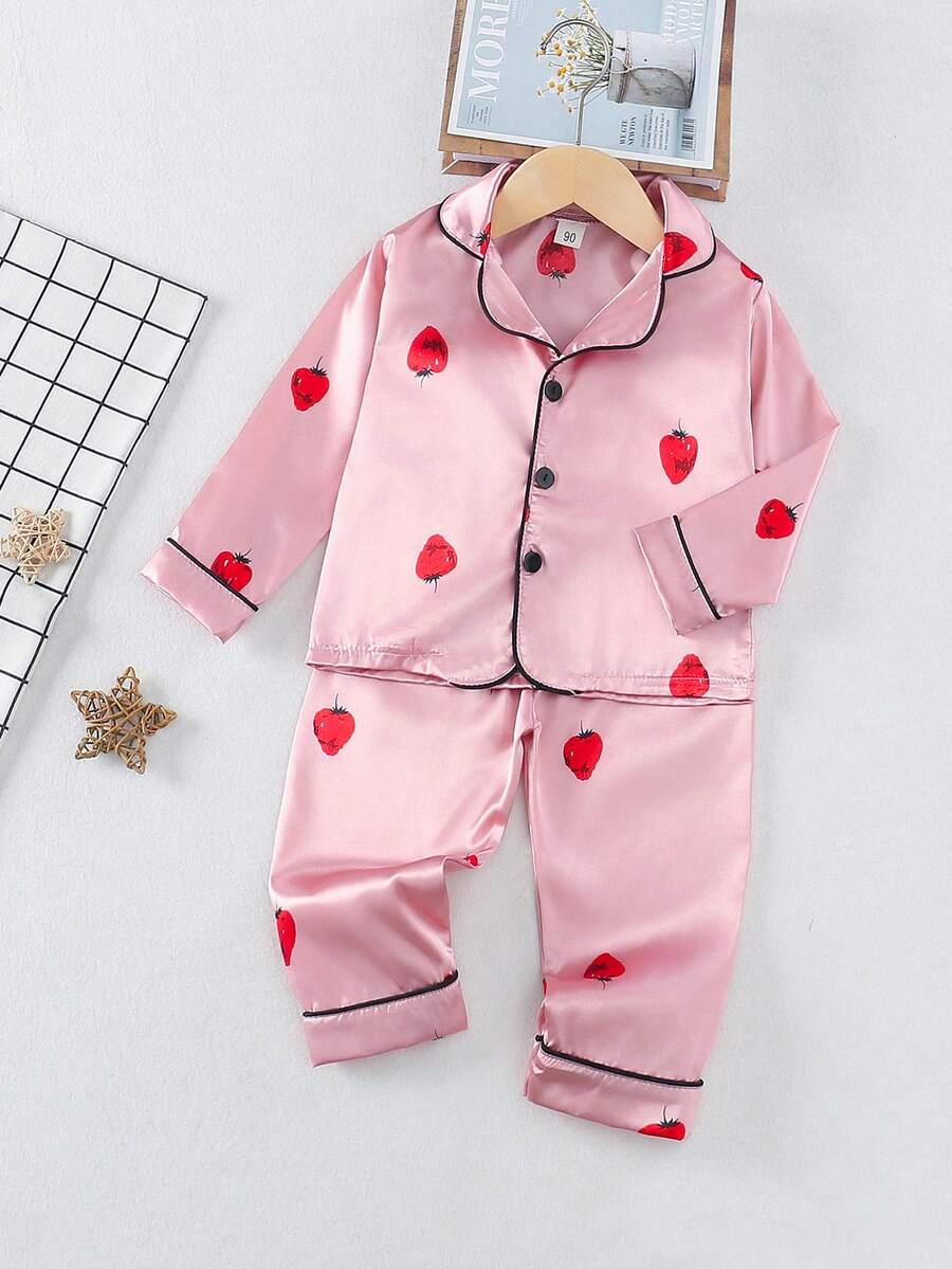 Conjunto de pijama para bebé niña con estampado de fresa, con parte superior y pantalones con tubería de contraste - Rosa - Ver 1