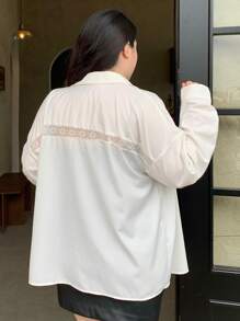 Dazy Plus Plus Size Solid Color Loose Fit Shirt With Lace Collar And Long Sleeves,Fall Clothes - White - View 1