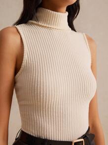 SHEIN Frenchy Turtleneck Ribbed Knit Tank Top Winter Casual - Beige - View 1