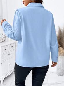 Elenzga Plus Size Spring/Summer Casual Solid Color Long Sleeve Shirt Fall Cloth For Women - Blue - View 2